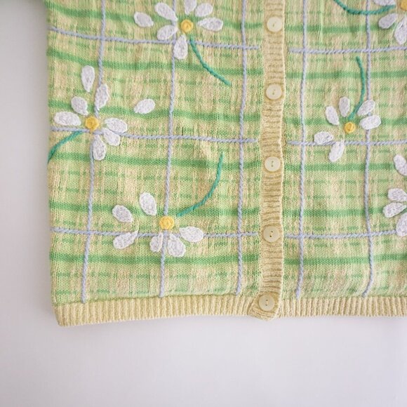 Talbots Petites Green Knit Yellow Checkered Embroidered Daisy Button Cardigan P - Picture 7 of 11